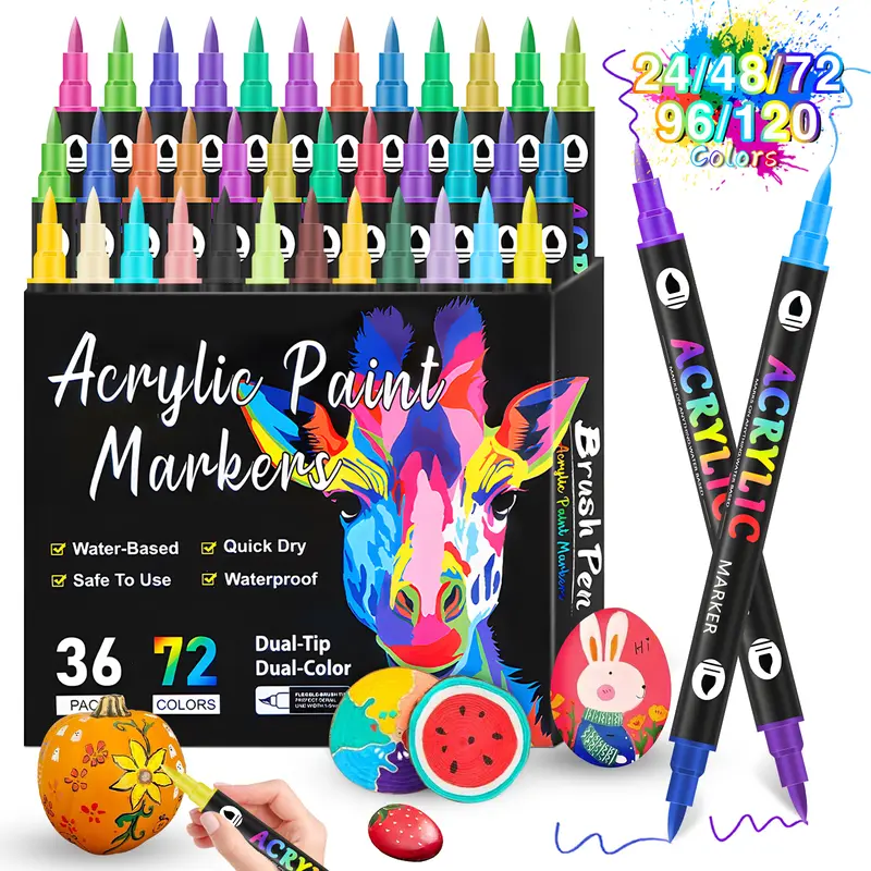 Dual-Tip Acrylic Art Markers Set - 24/48/72/96/120 Colors Fast-Dry Waterproof PP Plastic Dual Brush Markers, Fast-Dry Acrylic Drawing Tools for Paint Projects Home Decor, Office Stationery Craft Supplies,techvibes