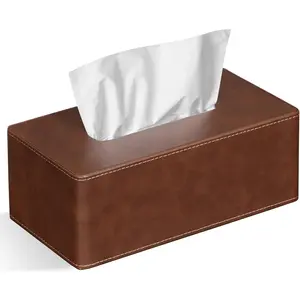 Tissue Box Cover Rectangular 9.8"(L) x 5.3"(W) x 4.3"(H) Refined Modern PU Leather Facial Tissue Dispenser Box Holder for Dresser Bathroom Decorative (Brown)