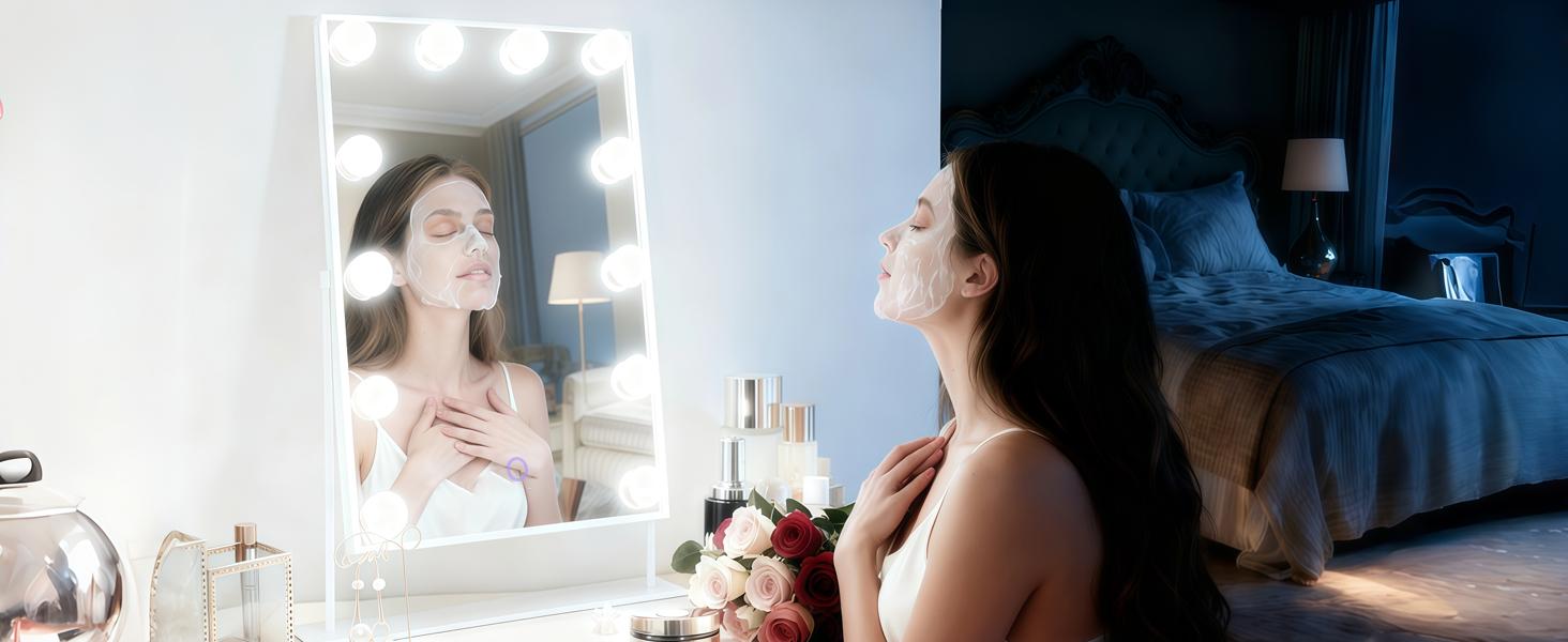 Amifiy Hollywood Vanity Mirror with Lights, 10x Magnifying, 12 LED Bulbs, 3 Color Lights and 360° Rotation, 14" x 19" Desk Lighted Makeup Mirror for Bedroom Dresser College Dorm