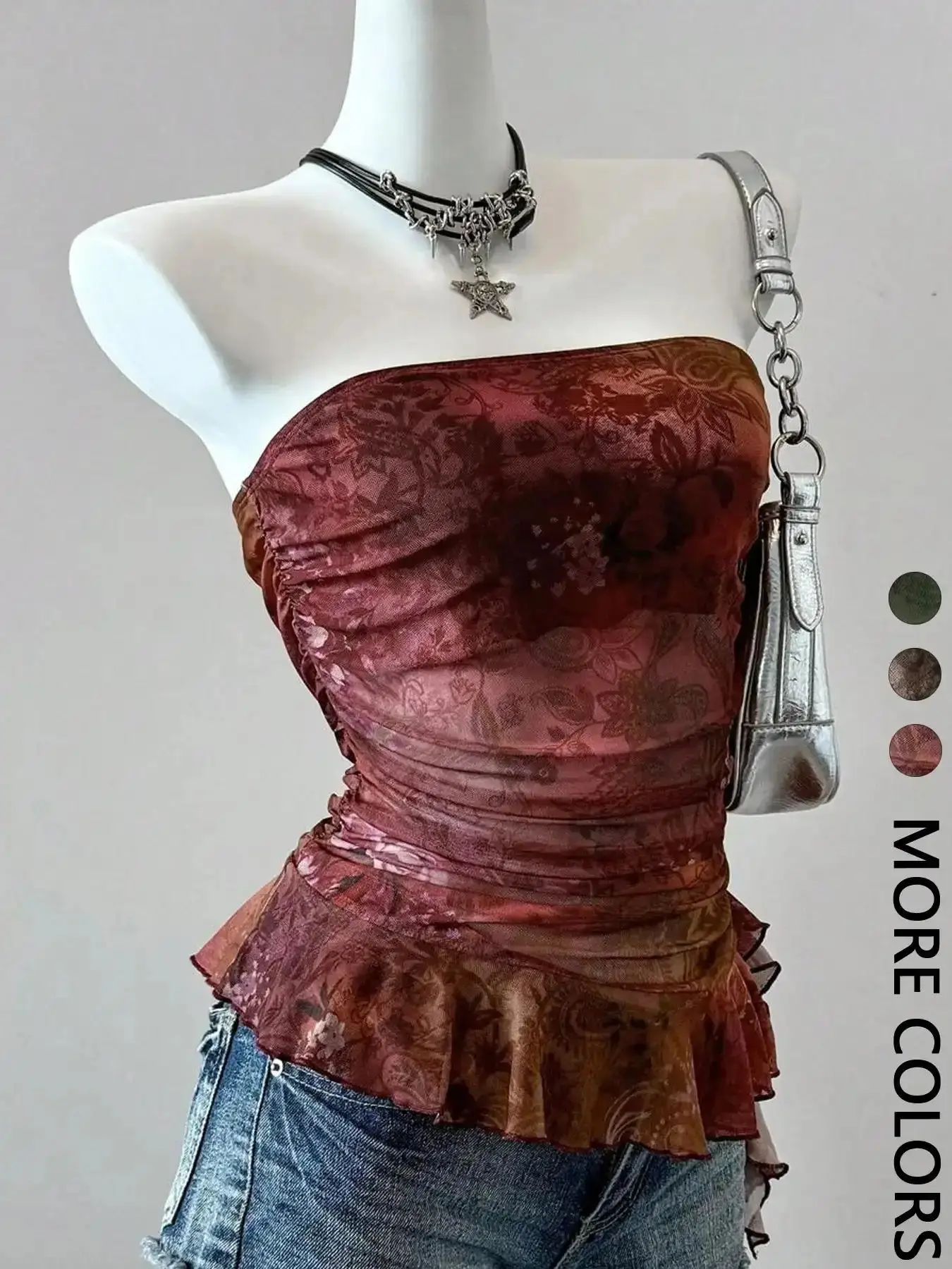 This Sheer Floral Print Tube Top is Grunge Fairy Y2K Vibes Chic Summer Look Ruched Ruffle Hem Mesh Womenswear Women versatile piece wardrobe essential easy care timeless style musthave piece everyday top