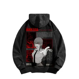 Chainsaw Man anime/cartoon style washed hooded sweatshirt, double-sided washed pure cotton, unisex street style, 90’s retro pattern, soft distressed finish, a must-have for holidays.