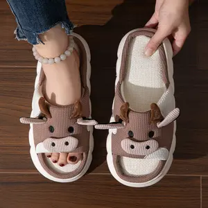 Cute Cartoon Cow Platform Slippers, Breathable Soft Sole Open Shoes, Comfortable Indoor Foor Slippers