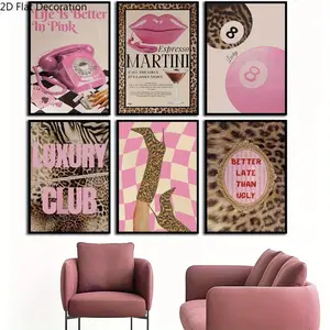 2D Flat 6Pcs Frameless Pink-Leopard Aesthetic Wall Art Posters, Unframed Art Print, Retro Martini, High - Heel Prints, 8x10Inch, Ideal for Bedroom, Home Decor, Perfect for Women with Inspirational Quotes