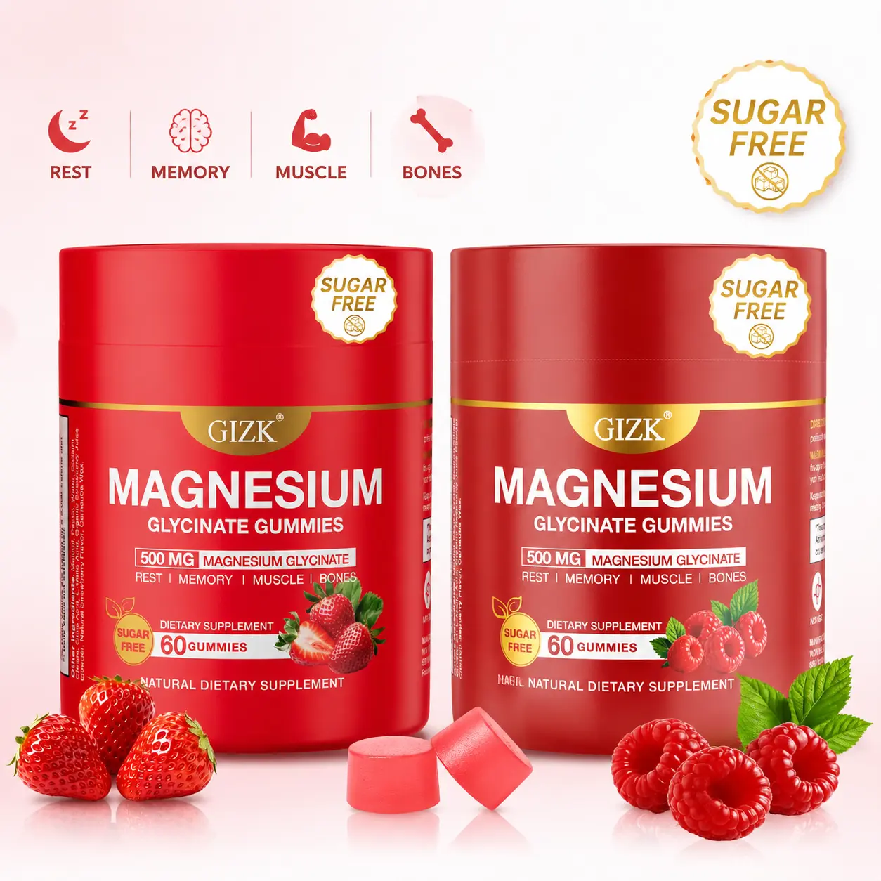 GIZK Magnesium Glycinate Gummies, Strawberry & Raspberry 2‑Pack Set, 2 Separate Individual Bottles, With Ashwagandha, L‑Theanine & Zinc Herbal Mineral Supplement