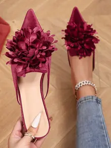 Women's Pointed Toe Flat Mules, Spring & Fall Fashion, Wine Floral Bow Slippers, Comfortable Soft Velvet, Casual Large Size Shoes, Walking Shoes, Footwear