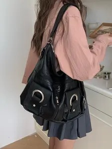 Korean Style PU Leather Shoulder Bag with Zipper Pocket, Fashionable Commuter Large Capacity Backpack, Versatile Single-Shoulder Handbag