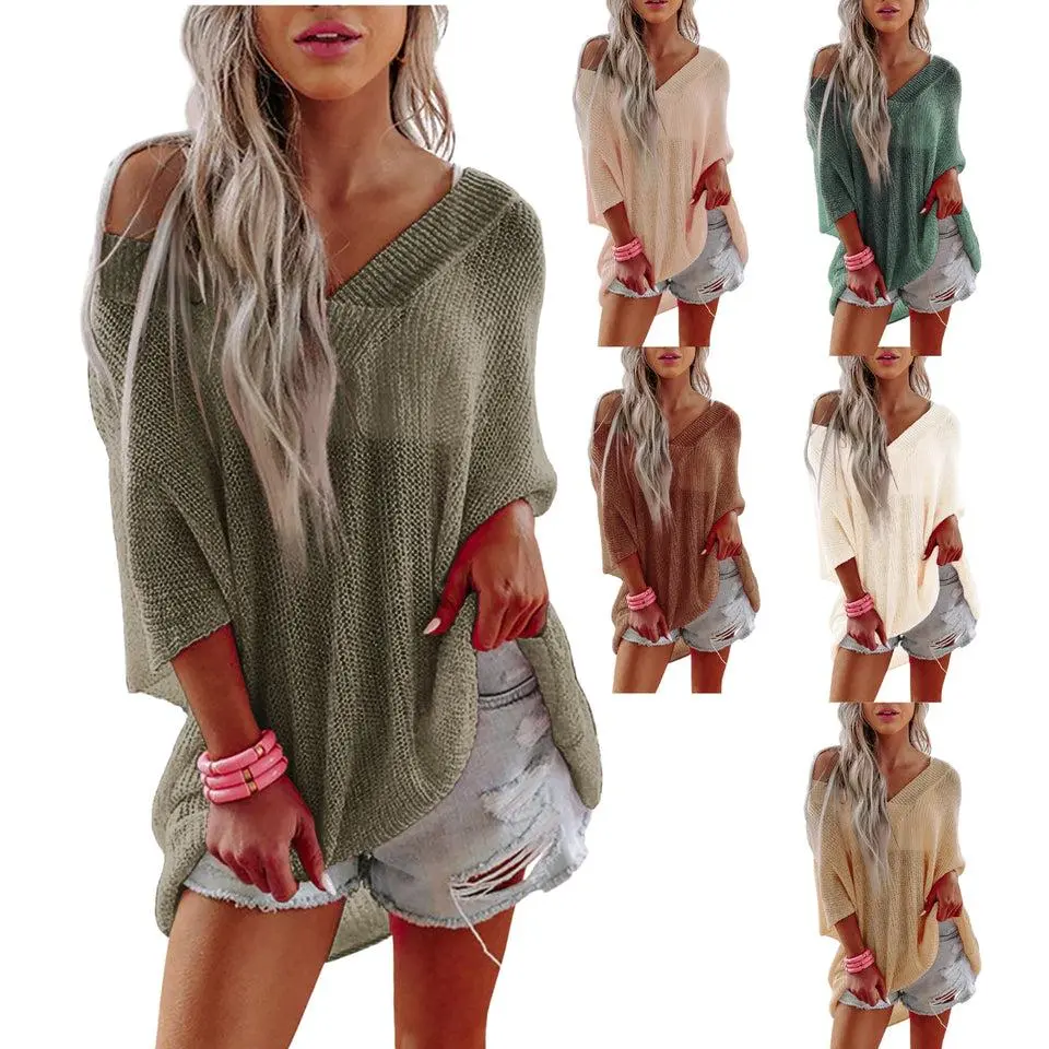 half sleeve sweater Tops Casual Womenswear Chic Everyday Chic Everyday V-Neck Loose Fit