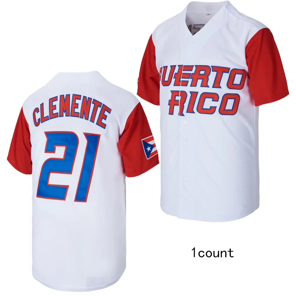 Men's Embroidered Baseball Jersey, Puerto Rico #21 Clemente V-Neck Athletic Sports Top, Breathable Polyester Fabric, Sports Wear