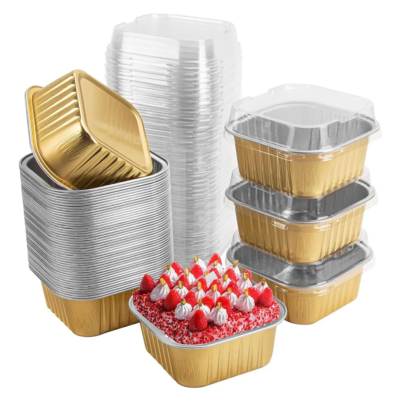 Square Tiramisu Chocolate Packaging Foil Box, Lidded Aluminum Foil Mini Cake Mold, Sweet Treat Baking Mold, Party Use, Baking Essentials, Gold//blue/ Gold, Bakeware, Baking Supplies