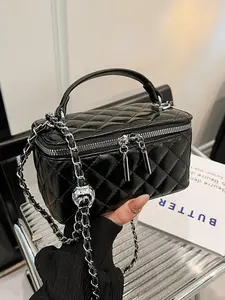 Chic Handbag, Small Square Crossbody Bag, Unique Box Design, High Aesthetic Chain Strap, Rhombus Pattern, Makeup Bag, All-Season Shopping Accessory