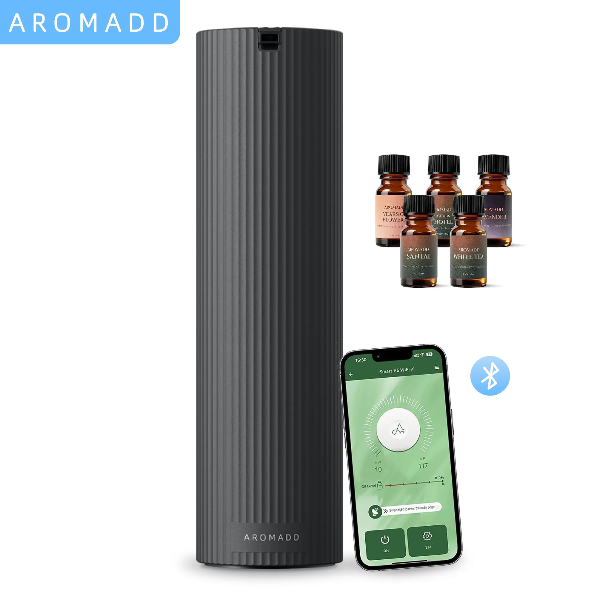 Aromadd Waterless Diffuser - Cold Air Waterless Essential Oil Diffuser Starter Kit with 5x10mL Hotel Scent Oils, Auto Mode Smart Scent Diffuser, App Control, 1500 Sq. Ft for Home, Office, Hotel, Yoga