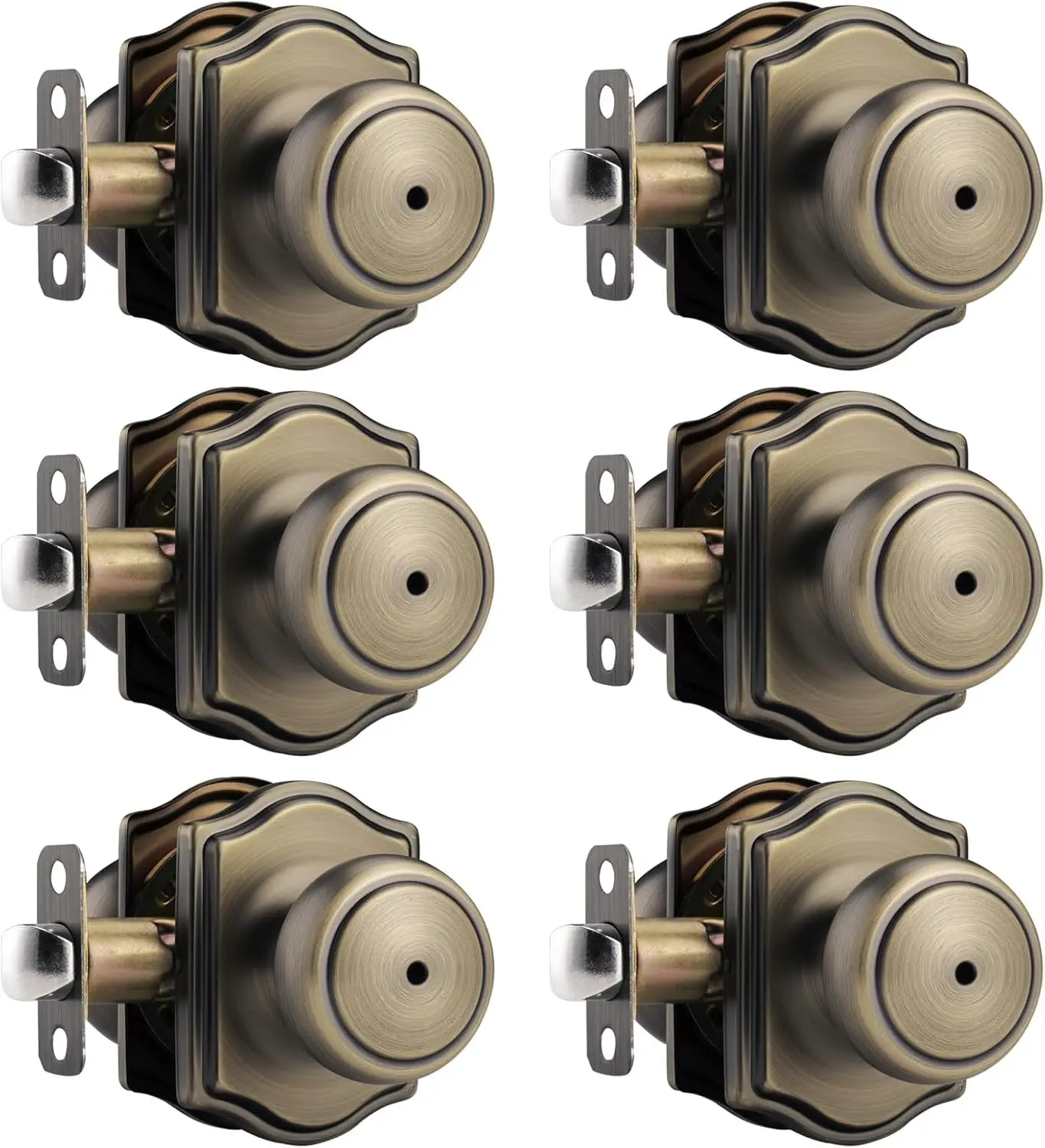 6 Pack Antique Brass Door Knobs, Coastal Knob with Camelot Trim, Stainless Steel Rosette, Turn Lock for Bath & Bedroom