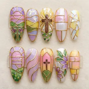 Easter Cross Press on Nails, Vintage Cathedral Window Art, Gold Outline Tulip Cross Nails, Pastel Purple & Pink Floral Nails, Easter day