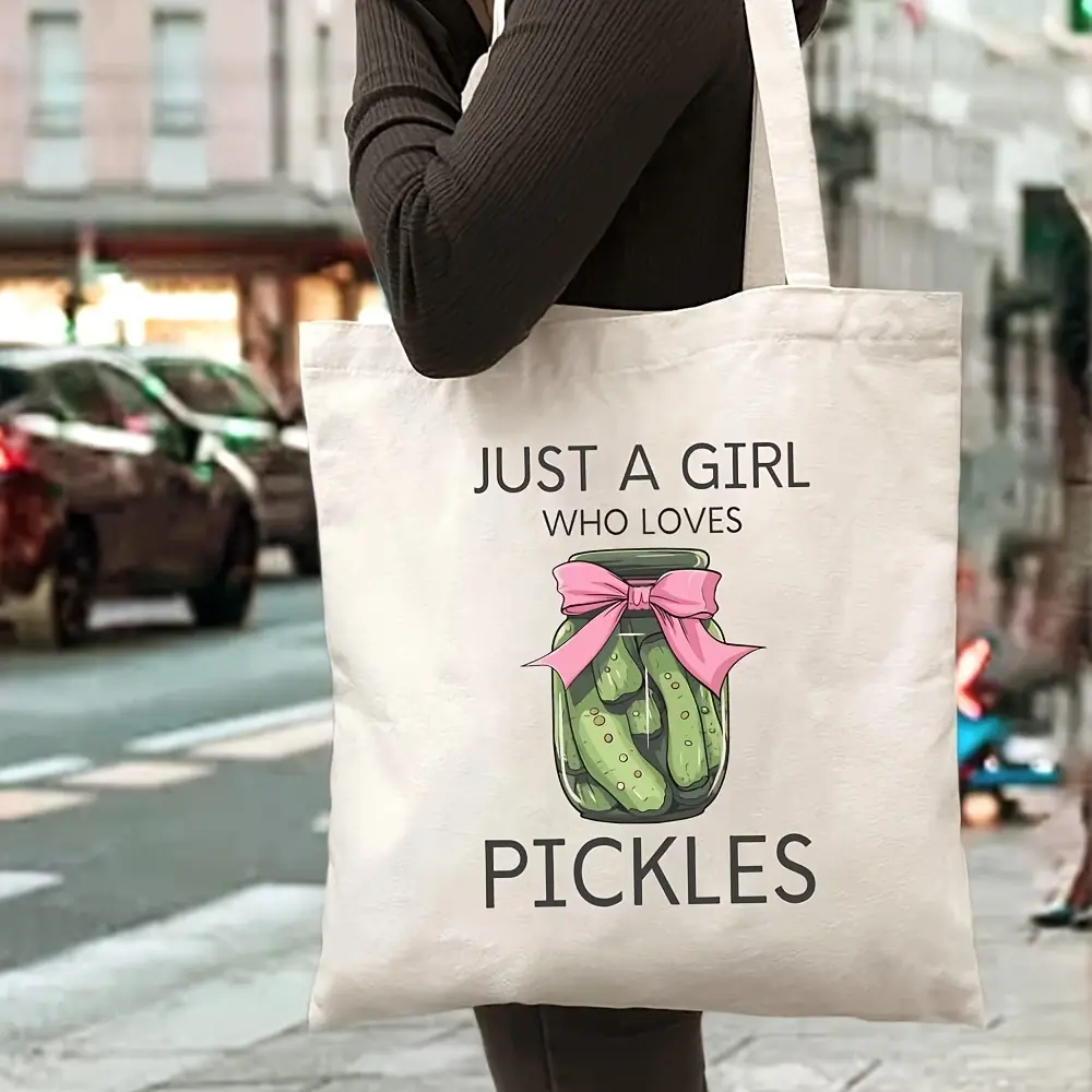 Just A Girl Who Loves Pickles Canvas Tote Bag, Funny Pickle Jar Graphic Shoulder Bag, Cute Pickle Lover Gift Reusable Grocery Shopping Tote For Women