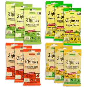Chimes Ginger Chews Variety Pack of 12 Bundle - 3 of each flavor (Original, Mango, Lemon, Orange) 18 oz total Low Calorie Vegan Gluten free Organic Ginger Chews for Nausea, Morning Sickness, Motion Sickness, Sore Throat Relief