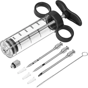 Meat Injector , Marinade Injector with 3  for BBQ Grill, 1OZ /30ML Turkey Injector , Handle Meat Injector for , Flavor Injector for Meat with Cleaning Brush Black