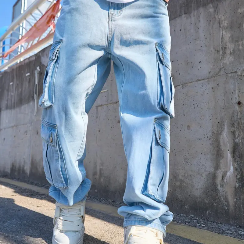 Men's Solid Flap Pocket Cargo Medium Wash Plain Pocket Jeans, Loose Casual Menswear Streetwear Street Fashion Denim Pants for Daily Wear, Men's Trousers for All Seasons