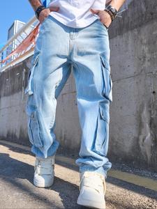 men's solid flap pocket cargo jeans, loose casual street fashion denim pants for daily wear, men's trousers for all seasons, cotton, baggy jeans, cargo wide leg jeans, barrel jeans men, streetwear, loose vintage jeans