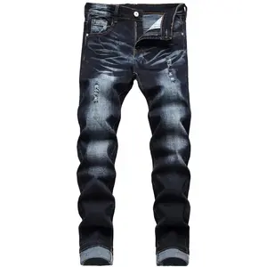 Dark Wash Slim Fit Denim Jeans, Men's Ripped Casual Streetwear