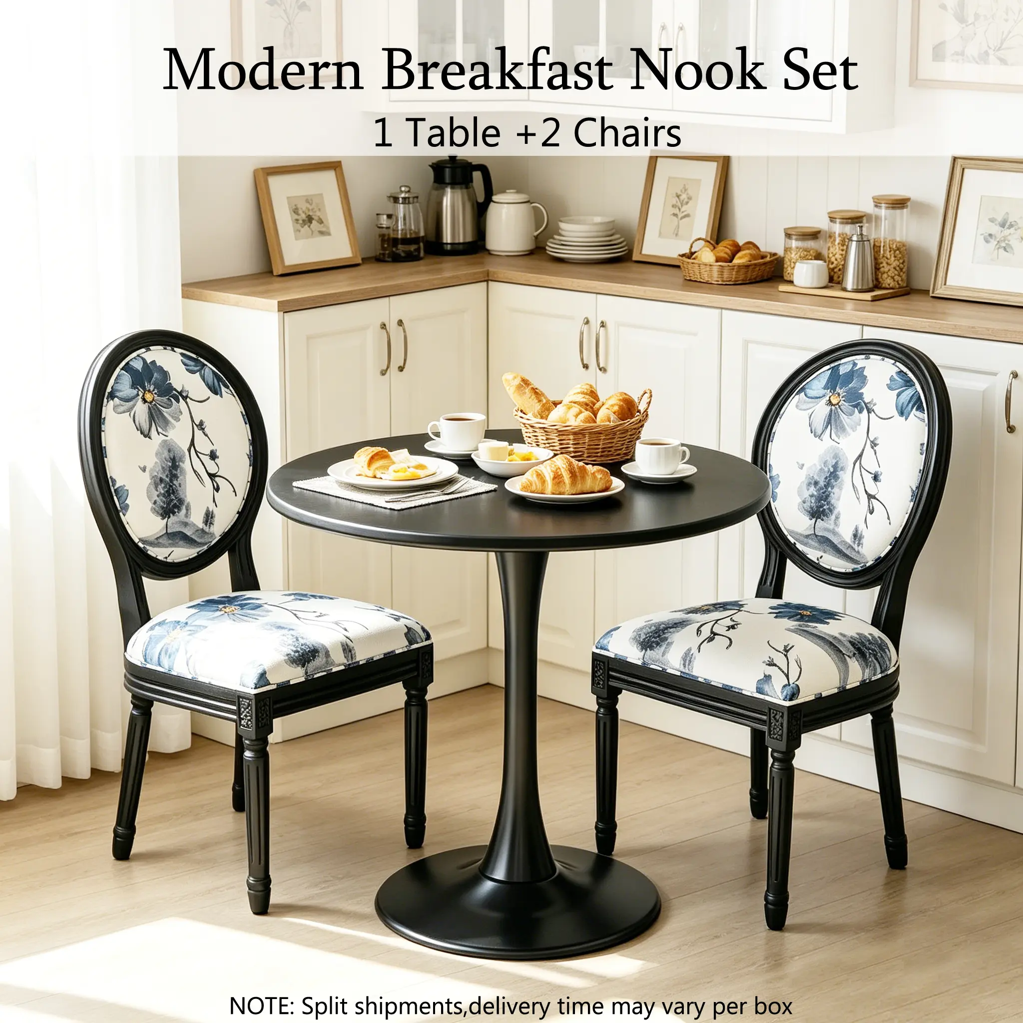 [2 Packages] 3-Piece Round Dining Table Set with 2 Comfortable Chairs, 31.5" Modern Kitchen Breakfast Nook, Easy-Clean & Space-Saving for Small Apt, Black/Blue