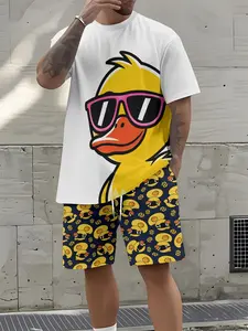 Men's Cool Duck Print T-Shirt + Duck Pattern Shorts Set, Casual Loose-Fitting Two-Piece, All Seasons Fashion Wear