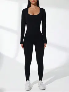 Women's Seamless Yoga Jumpsuit, Ribbed Square Neck Fitness, Butt Lifting Slim Fit Sexy One-Piece, Fall & Winter Workout Wear, Workout Jumpsuits, Sporty Comfy Jumpsuit, Tight Fitting Jumpsuit, Sports Jumpsuit
