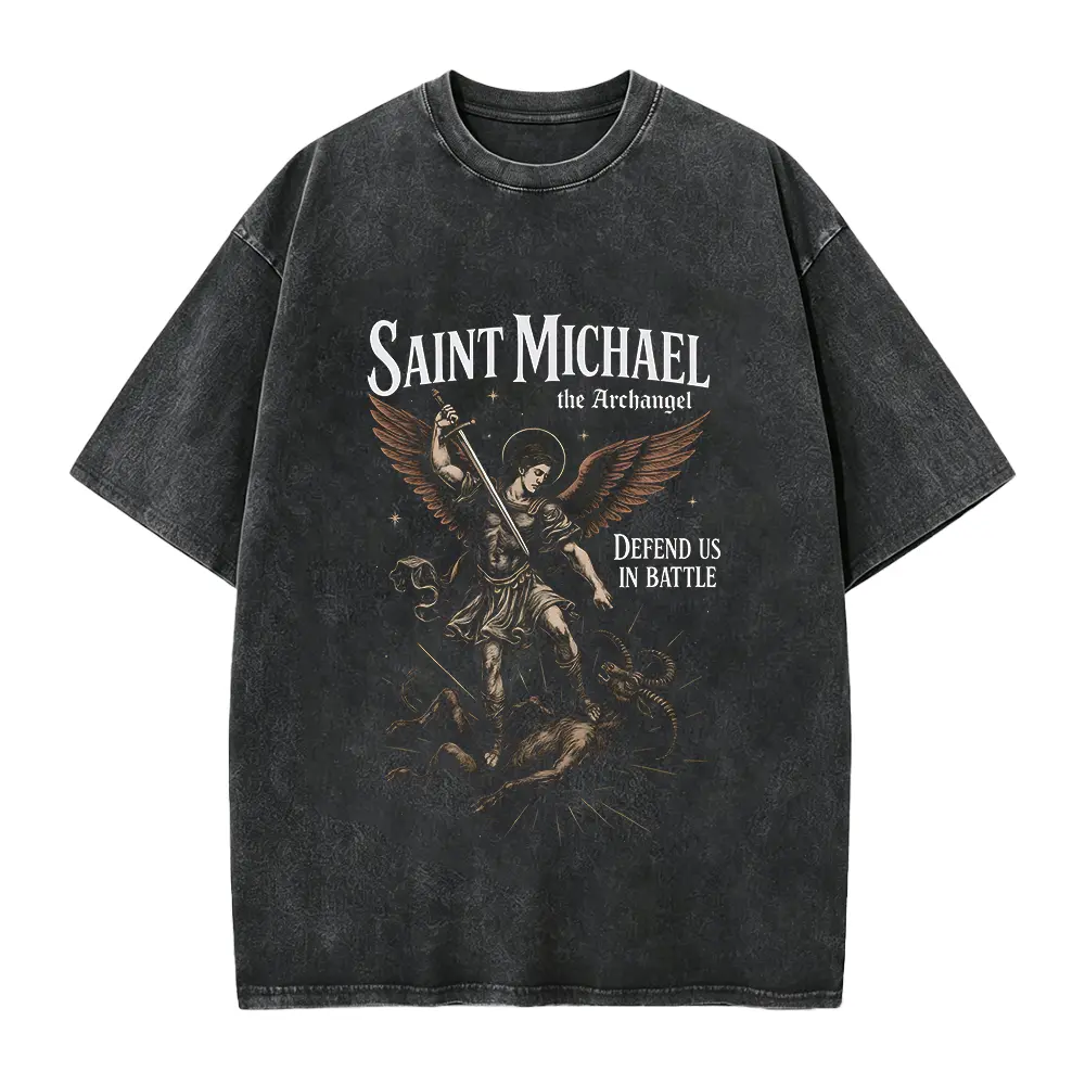 Men's Casual Seamless Short-Sleeve Round Neck Archangel Shirt - Catholic St. Michael Saint Quote, Defend Us in Battle Angel Prayer Top, Shortsleeve