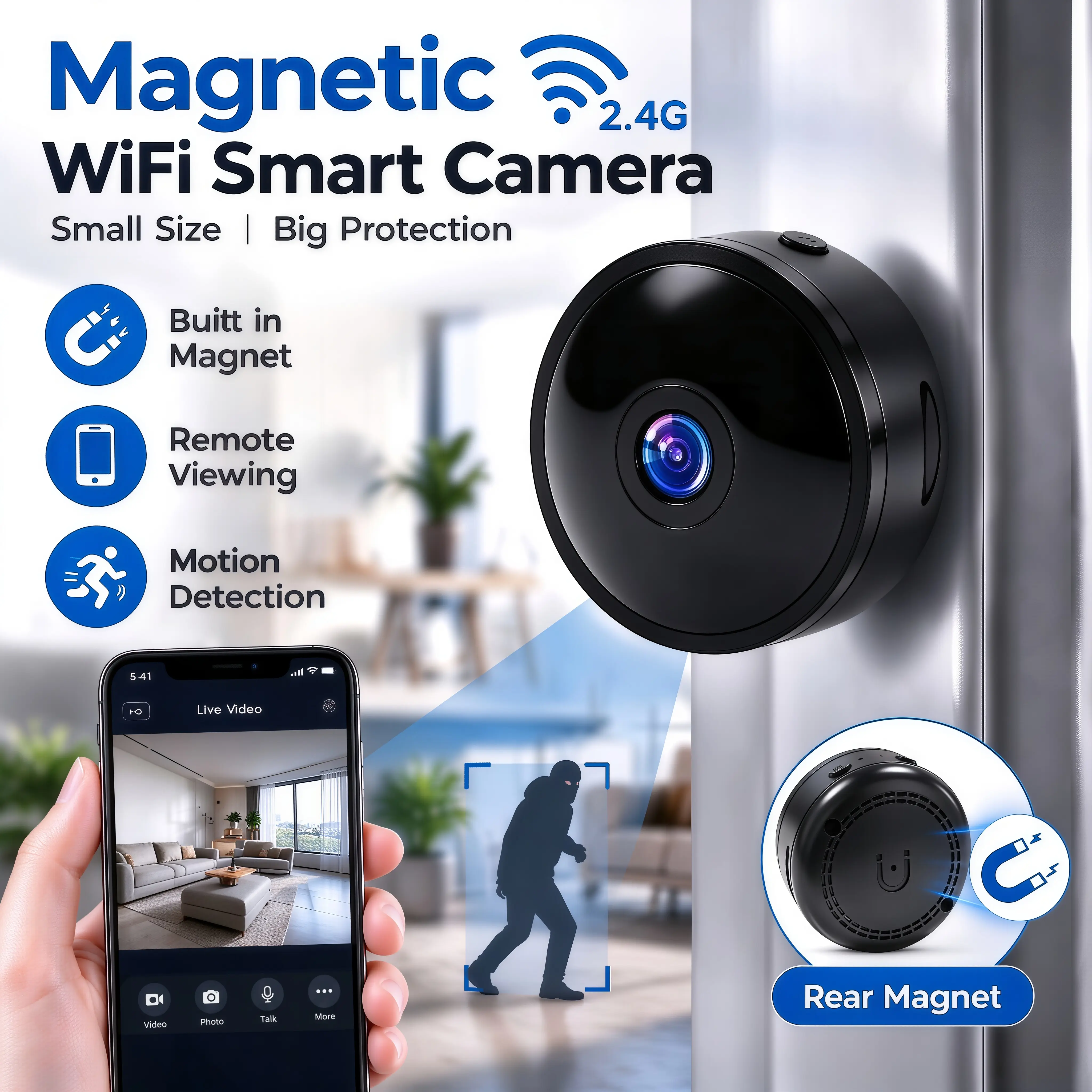 Wireless Magnetic 2.4GHz WiFi Security Camera, Indoor Home Surveillance Cam, Night Vision, Motion Detection, APP Remote View, Optional SD & Cloud Storage, Baby Monitor & Car Camera
