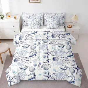 7 Pieces Coastal Comforter Set,Beach Seashell Starfish Coral Bedding Set,Sea Ocean Theme Adult Bedroom Decor,Navy Sketch Nautical Down Comforter,Fitted Sheet,Flat Sheet,2 Pillowcases