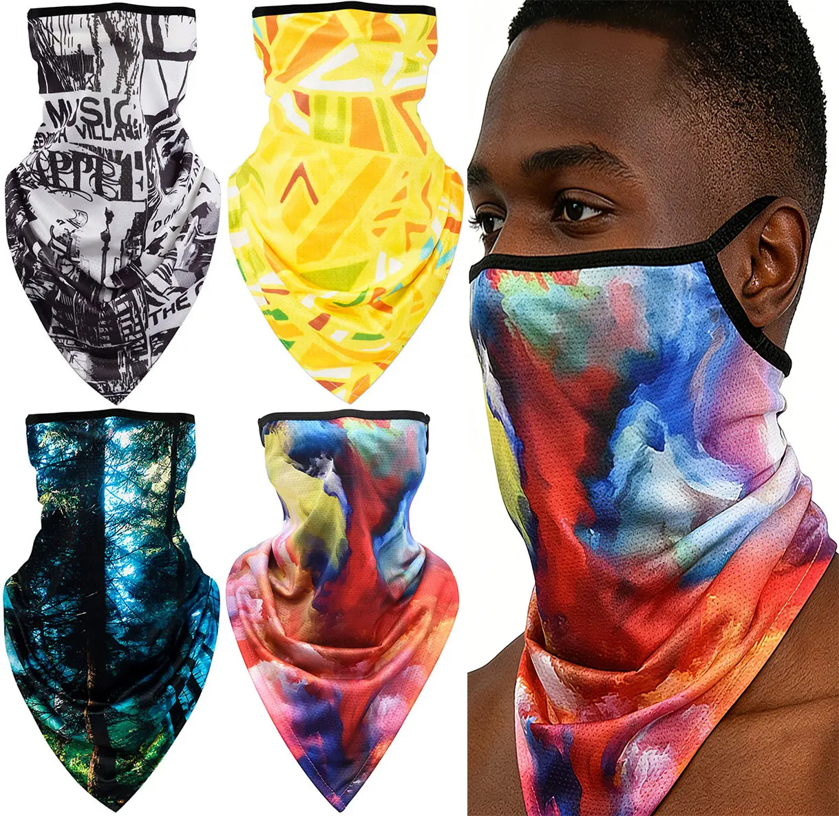4 Pack Ear Loops Cycling Face Mask Balaclava, UV Protection Breathable Windproof Printed Neck Gaiter, Dustproof Face Cover for Motorcycle Riding Hiking Camping Outdoor Sports Men Women