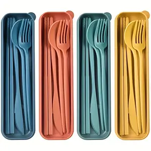 2 sets of wheat straw cutlery sets with travel cases eco friendly reusable portable dinnerware perfect for picnics office lunch and outdoor dining
