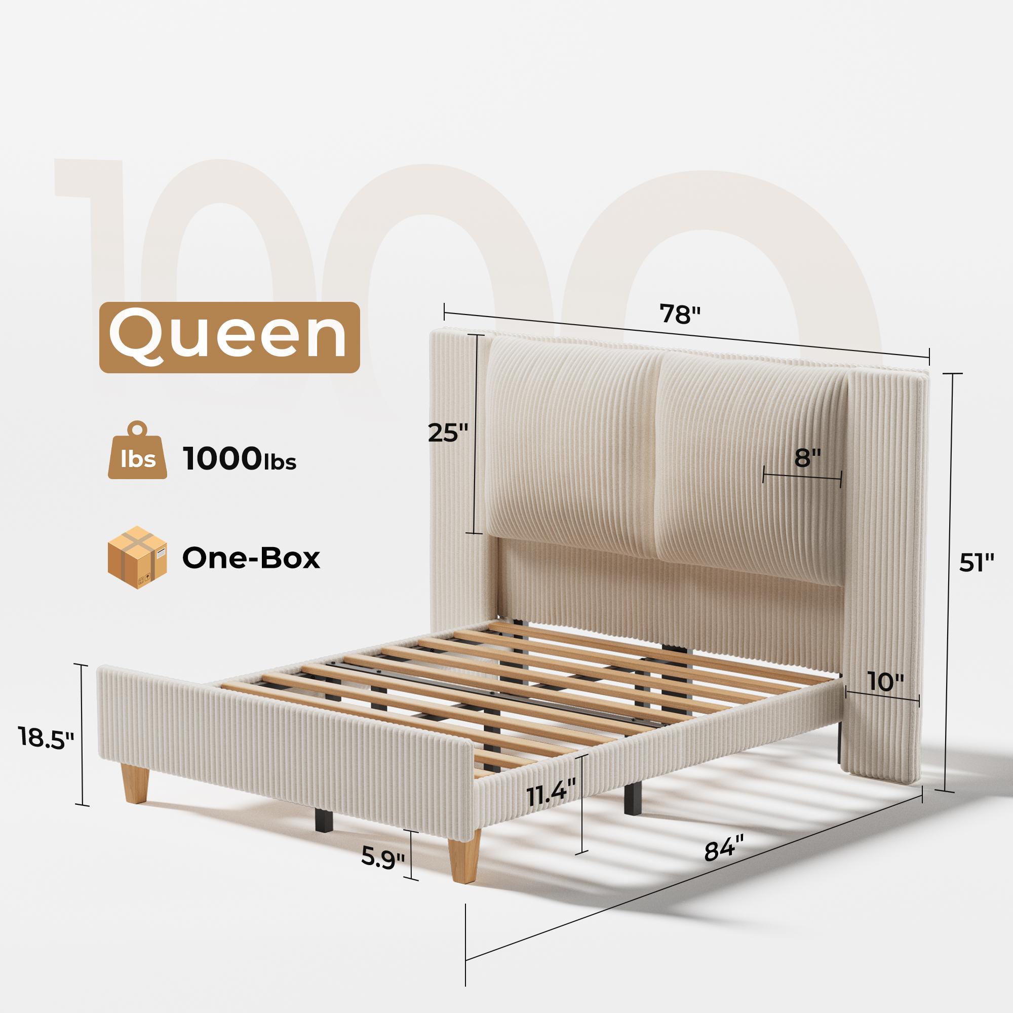 【Holiday Haul】King Size Upholstered Bed Frame girl with 51" Tall Headboard, Platform Bed with Widened Corduroy Cushion, Easy Assembly, No Box Spring Needed, cozy bed frame