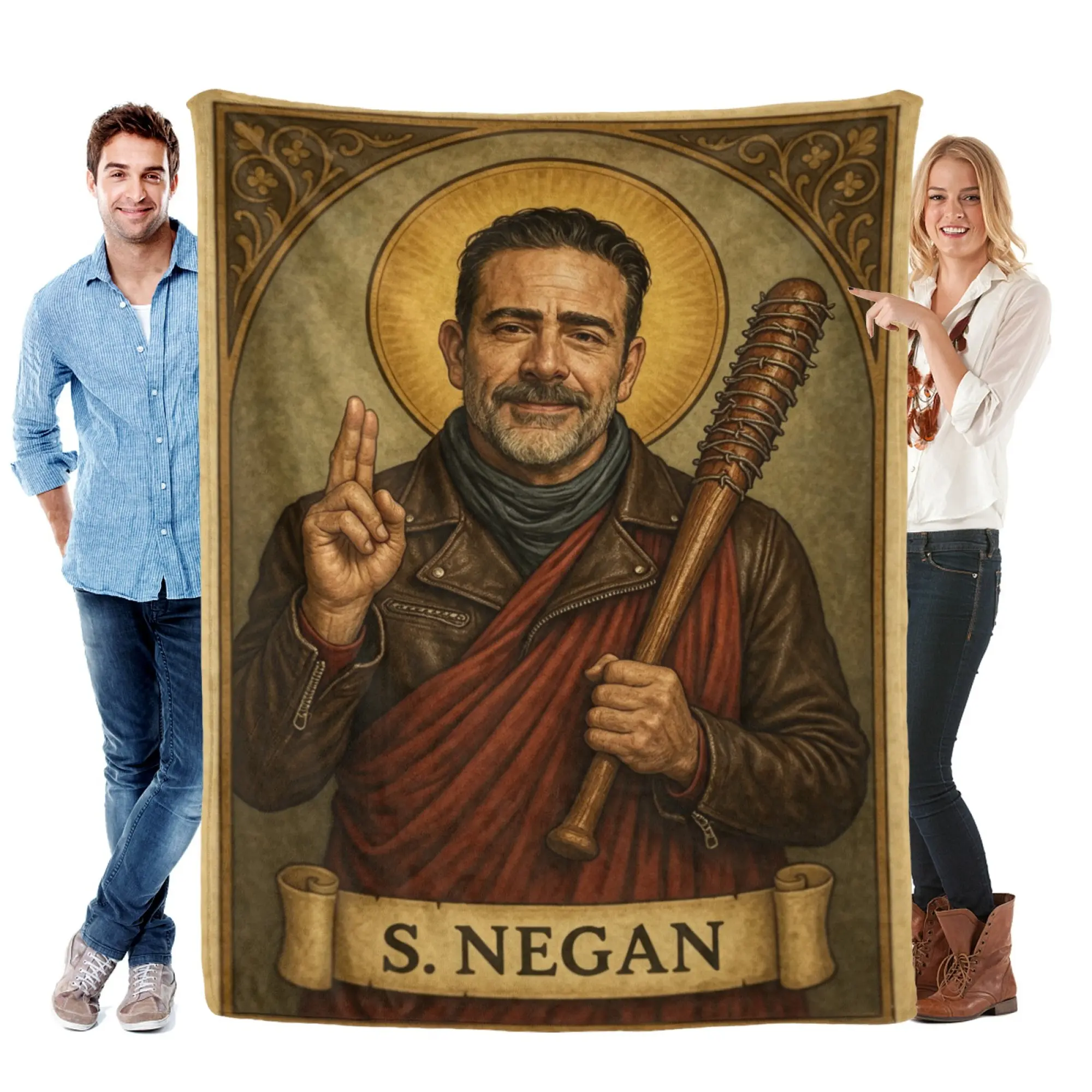 Vintage Saint Negan Lucille Barbed Wire Bat Flannel Blanket, The Walking Dead Retro Religious Icon Print Soft Throw Blanket, Cozy Lightweight Fleece Blanket for Sofa Bed Horror Show Fans Gift Home Decor