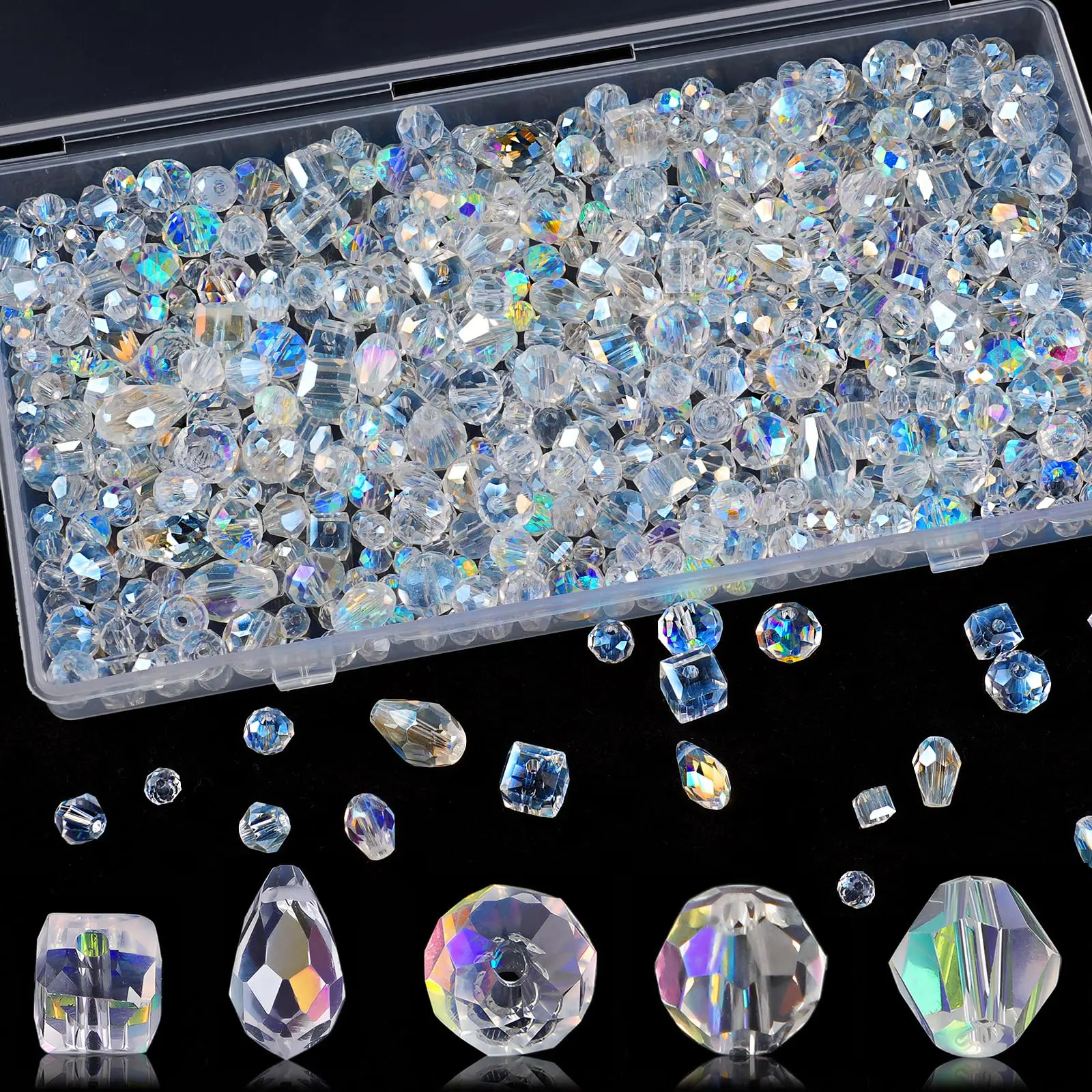 600 Pcs Crystal Glass Beads for Jewelry Making, Crystal Beads with Box, Assorted Bicone, Rondelle, Cube, Teardrop & Spacer Beads for DIY Crafts Bracelets, Necklaces, Earrings, 4/6/8mm, AB Color