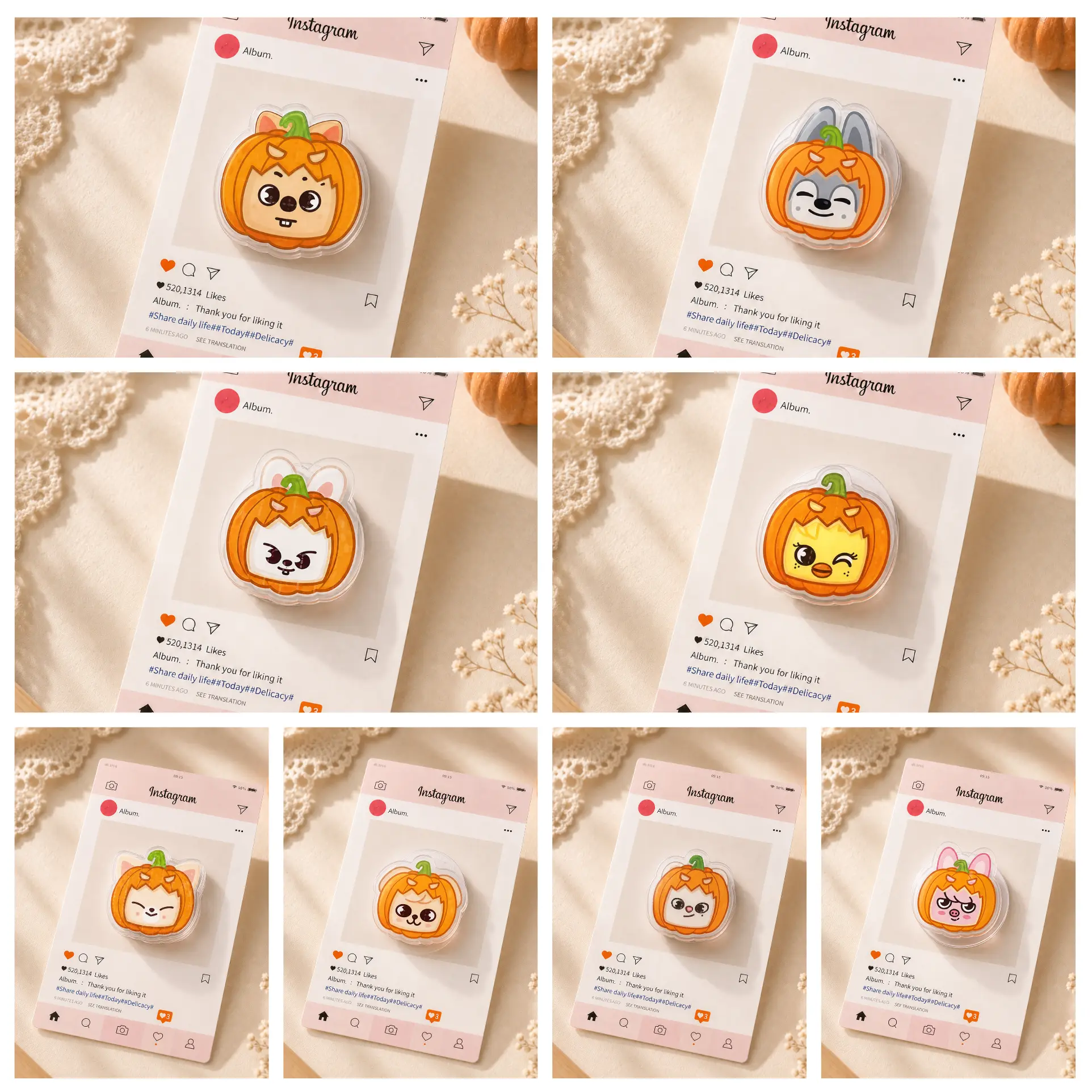 SKBOO Halloween MagSafe Phone Grip – Cute Pumpkin Animal Character Holder for iPhone, K-pop Fan Gift Adorable SKBOO Halloween Acrylic Phone Grip