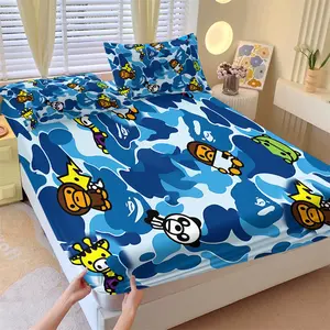 3Pcs Fun Blue Camouflage Fitted Sheet Set, Adorable Cartoon Giraffes, Monkeys, and Pandas Print, Whimsical and Colorful Design, Perfect for Kids' Bedrooms, Durable and Soft Fabric, No Pillow Core