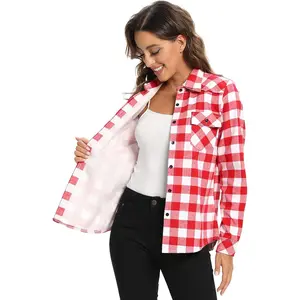 Women's Flannel Shirts Plaid Shacket Long Sleeve Fleece Lined Shirt Jacket