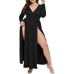 Women's 2025 Fall Western Dress Sexy Double High Slit Deep V Neck Plus Size Long Sleeve Maxi Club Party Dresses Black Costume Formal Outfit Purple White Womenswear Basic Minimalist Birthday Curvy Style
