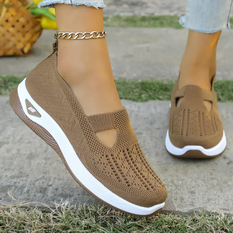 OFIREND Women's Casual Fashion Shoes - Less Than Ankle Low Top Slip-On Walking Shoes, Breathable Mesh Braid Fabric, Lightweight Hollow Knit Plaid, Round Toe, Flat Flexible Cushioned Sole for Steady Support, Plus Size Cut-Out All Seasons Casual Trainers