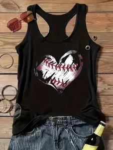 Vintage Distressed Baseball Heart Print Fitted Tank Top, Sleeveless Racerback Graphic Tee for Women, Casual Summer Streetwear, Womenswear, Sports Mom Gift