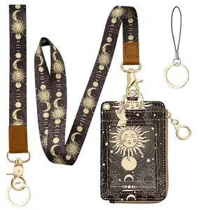 2-in-1 ID Badge Holder & Lanyard Wallet for Womens Leather Zip ID Case Wallet with Breakaway Wrist & Neck Lanyard, Clear Window, 5 Card Slots, Ring Keychain for Worker Teacher Nurse