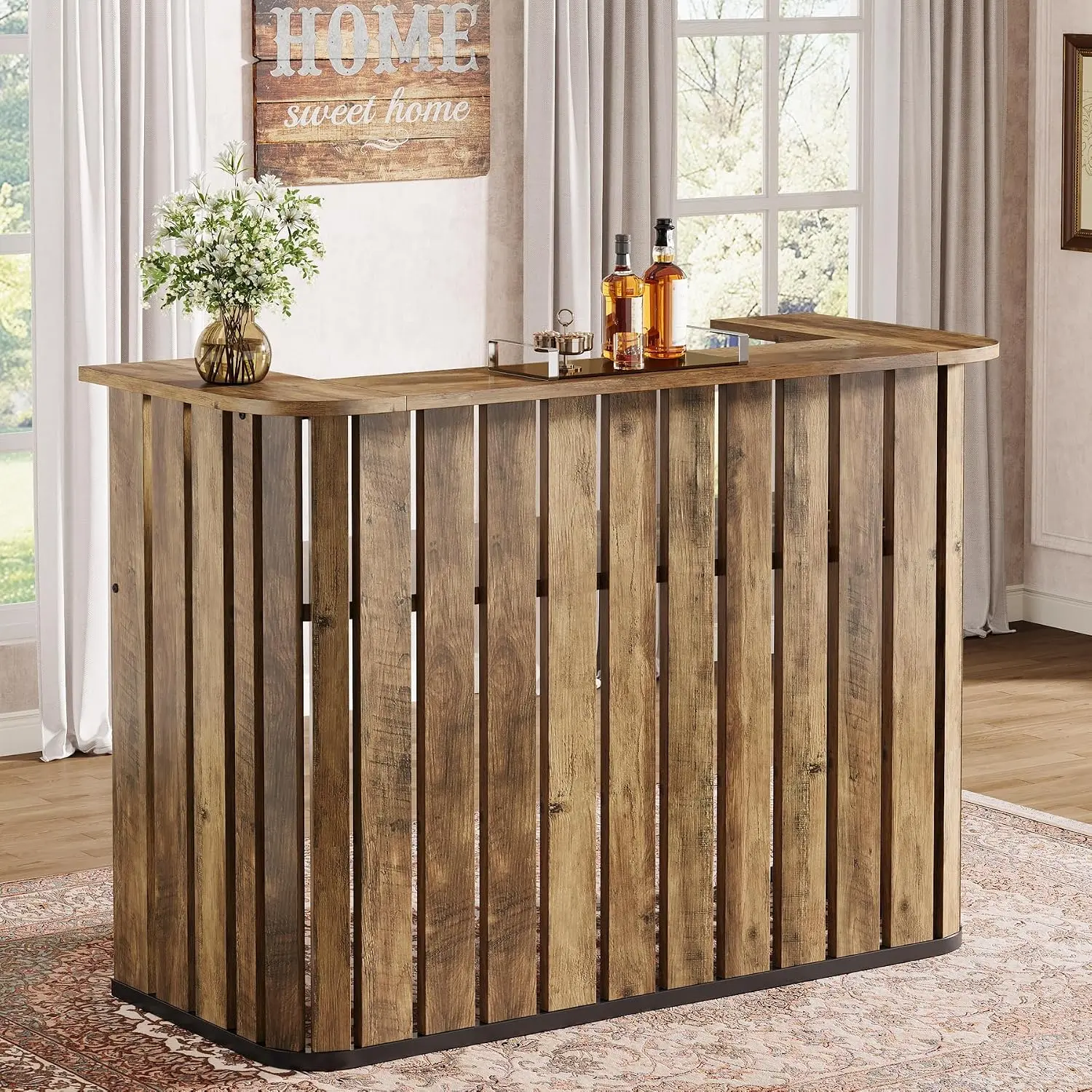 Tribesigns 63-Inch Home Bar Unit, Farmhouse Liquor Bar Table with Storage Shelves, 2-Tier Wine Bar Cabinet Mini Bar Table for Home Pub, Bistro, Rustic Brown