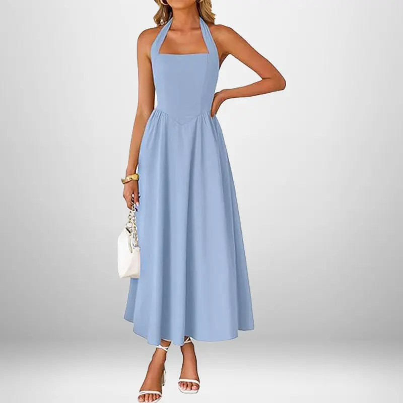 Women's Solid Color Halter Midi Dress  High Waist Flowy A-Line Dress   Elegant Casual Wear for Summer Street Style - TikTok Shop