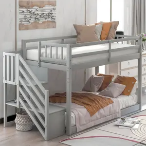 SOIYELIFE Gray Twin Over Twin Floor Bunk Bed with Storage Ladder, Space-Saving Design for Kids' Rooms Furniture Loft Staircase Double Guardrail Easy Climbing Security