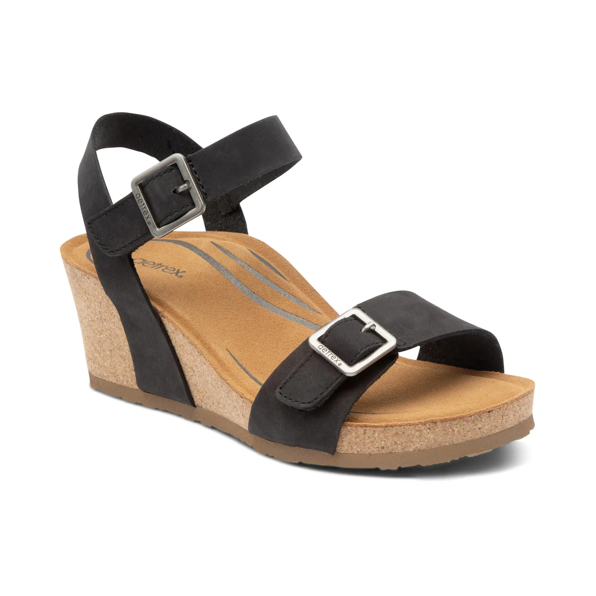 Aetrex Lexa Quarter Strap Wedge - Black | Women's Orthotic Wedge Sandals with Arch Support & Comfort, Leather, Footwear