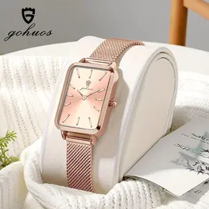 GOHUOS Ladies' Ultrathin Rectangle Quartz Watch, Elegant Stainless Steel Mesh Wristwatch with Luminous Dial, Date Week Calendar, Water Resistant