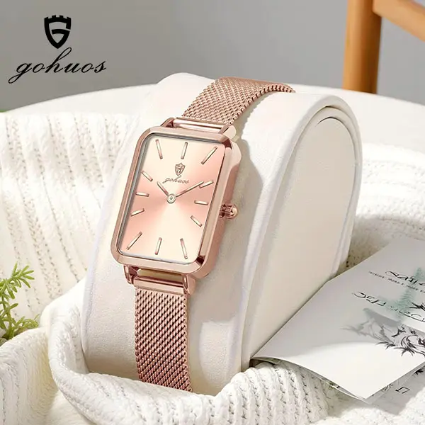 GOHUOS Women's Simple Fashion Ultrathin 26*34mm Rectangle Quartz Watch, Elegant Stainless Steel Mesh Accessories for Women, Hardlex Glass, Luminous Dial, Date-Week Calendar, 30M Waterproof Secure Clasp, Included Batteries, Ideal for Gifting