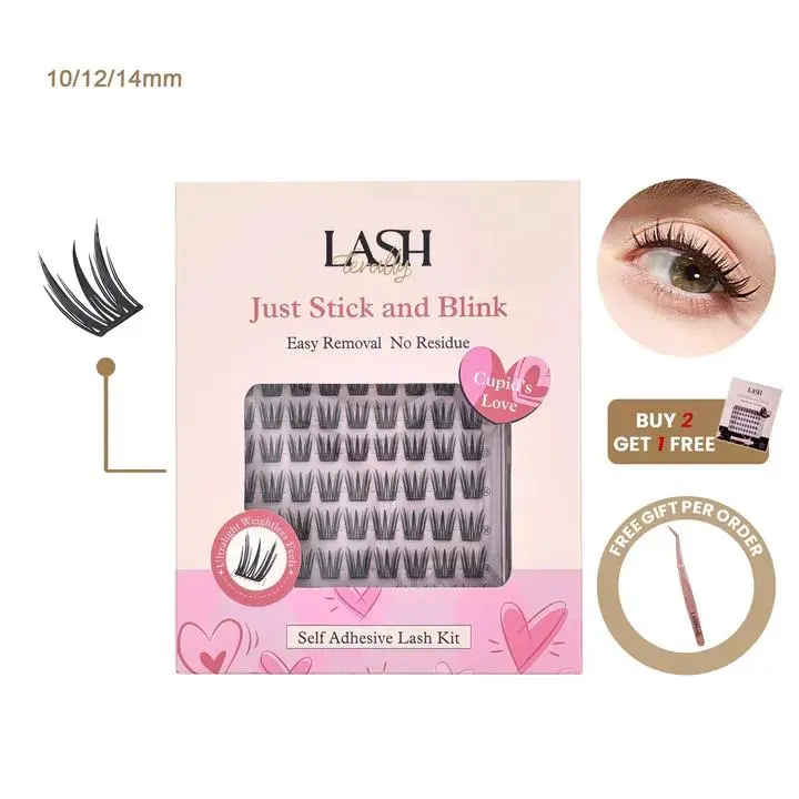 Lashterally Cupid's Self-Adhesive Eyelash Clusters, Ultra-Lightweight D-Curl with 24-Hour Hold, No Glue Cosmetic Kit for Doll-Style Makeup, 90 Pcs 10-14mm, Cluster Lashes, Eyelashes Clusters