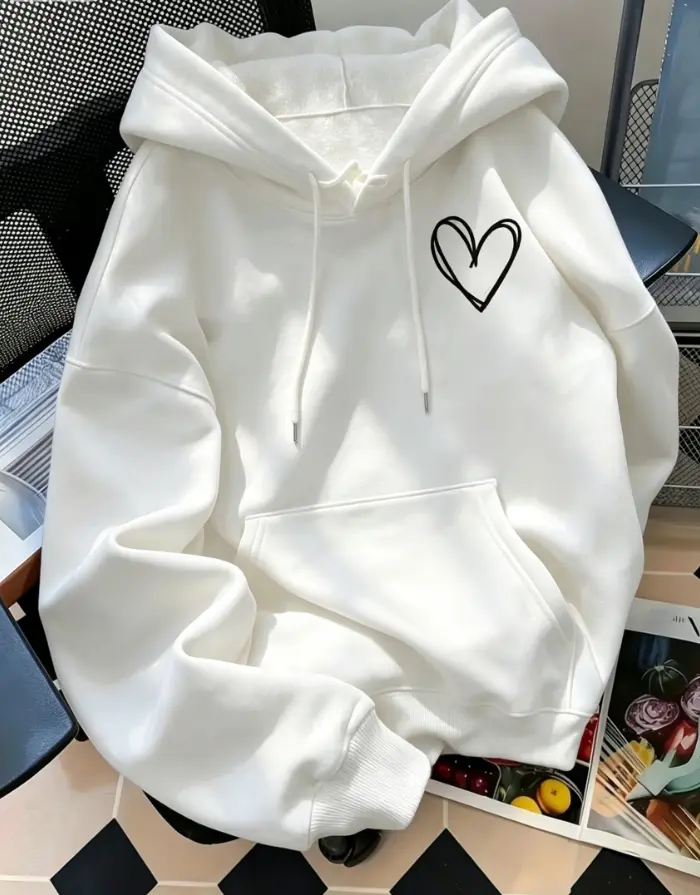 Minimalist Double‑Line Sketch Heart Left Chest Print Cotton Outer Fleece Lined Hoodie, Simple Aesthetic Casual Pullover Hooded Sweatshirt, Daily Holiday Gift