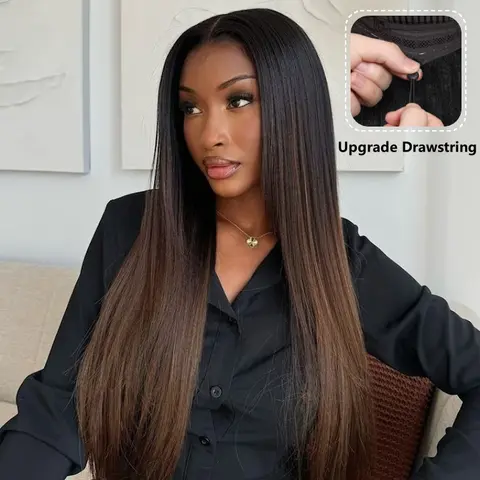UNice Women's Glueless Human Hair Wig - 7x5/13x4 HD Lace Frontal, Ombre Chestnut Brown Yaki Straight, Natural Scalp & Hairline, Heat Resistant, Beginner-Friendly Put-On & Go Summer Wig, Glueless Wigs Human Hair, Human Hair Wigs